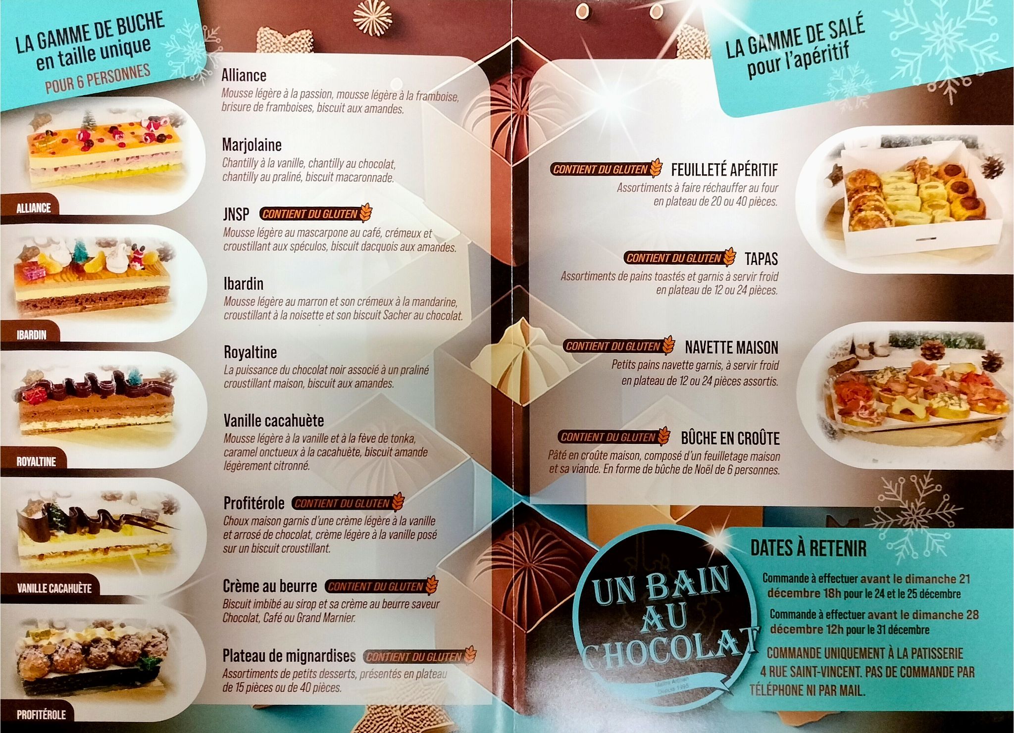 Flyer de noel un bain au chocolat avec les buche et les salés de noel, un bain au chocolat à dax