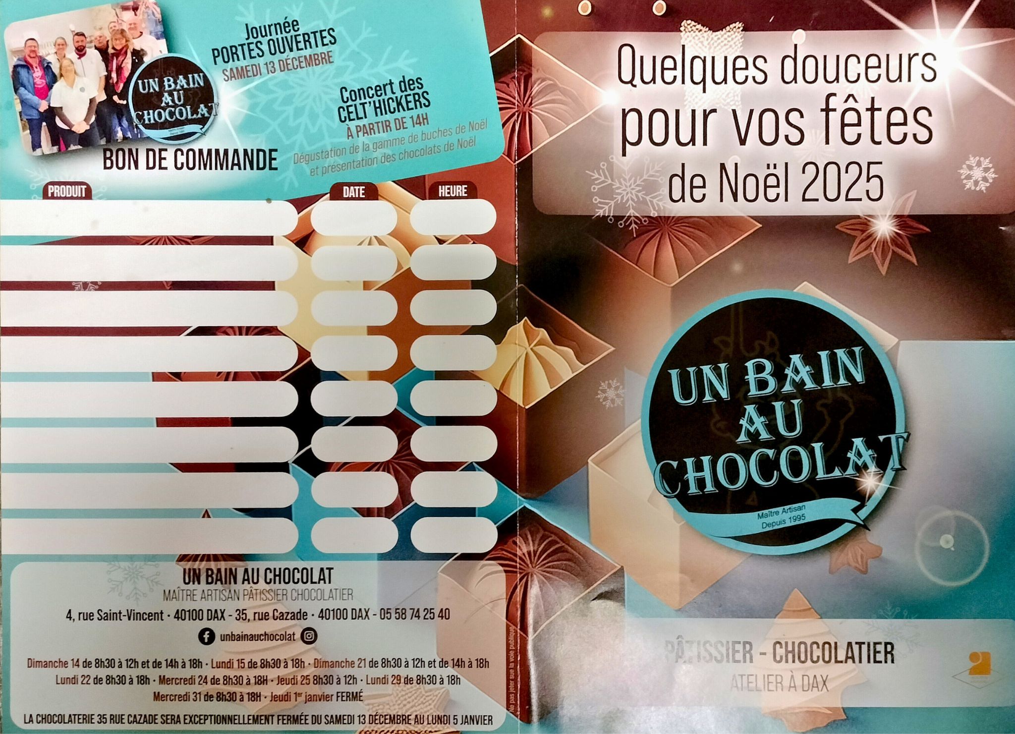 Flyer de noel un bain au chocolat avec les buche et les salés de noel, un bain au chocolat à dax